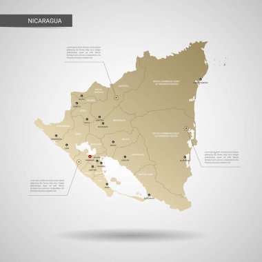 Stilize vektör Nikaragua Haritası. Infographic 3d altın harita illüstrasyon şehirler, kenarlıklar, sermaye, yönetim birimleri ve işaretçi izleri, gölge ile; gradyan arka planı.