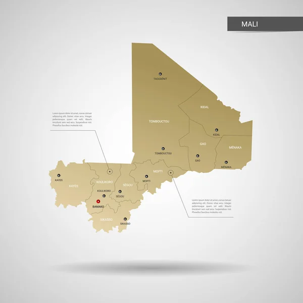 Vector Estilizado Mali Mapa Infografía Mapa Oro Ilustración Con Ciudades — Archivo Imágenes Vectoriales