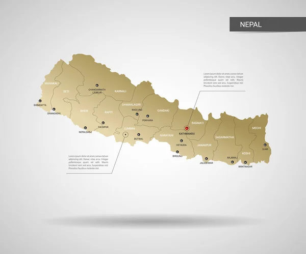 Stilize Vektör Nepal Haritası Infographic Altın Harita Illüstrasyon Şehirler Kenarlıklar — Stok Vektör