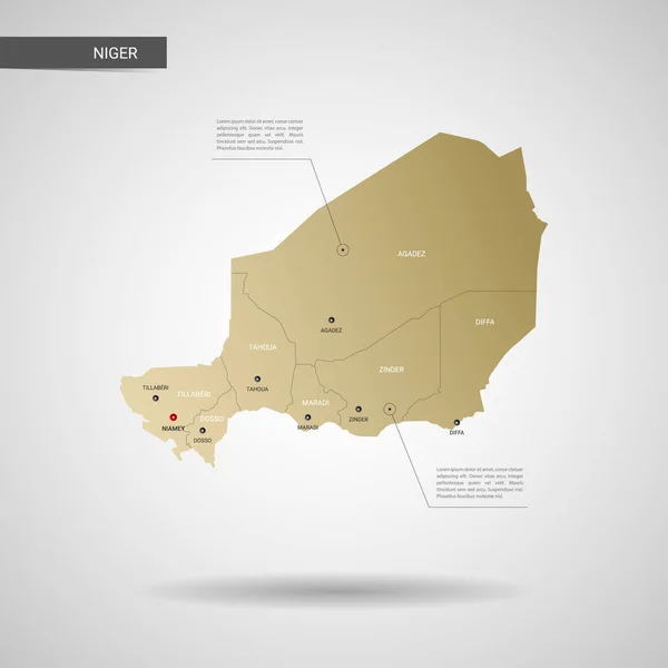 Vector Estilizado Níger Mapa Infografía Mapa Oro Ilustración Con Ciudades — Archivo Imágenes Vectoriales