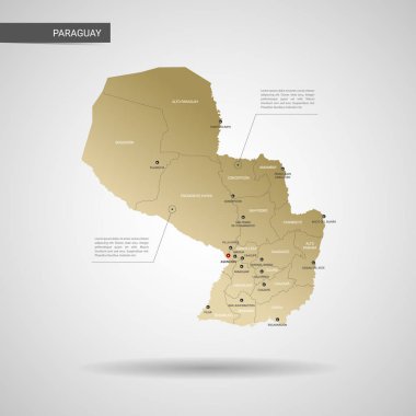 Stilize vektör Paraguay harita. Infographic 3d altın harita illüstrasyon şehirler, kenarlıklar, sermaye, yönetim birimleri ve işaretçi izleri, gölge ile; gradyan arka planı.