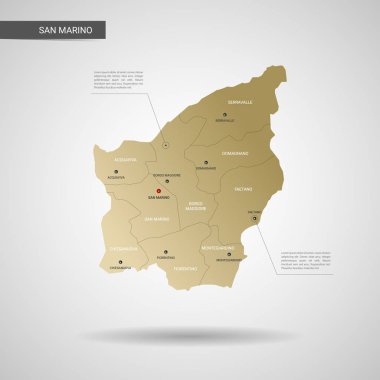 Stilize vektör San Marino haritası. Infographic 3d altın harita illüstrasyon şehirler, kenarlıklar, sermaye, yönetim birimleri ve işaretçi izleri, gölge ile; gradyan arka planı.
