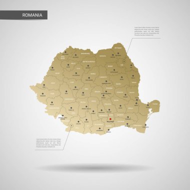 Stilize vektör Romanya harita. Infographic 3d altın harita illüstrasyon şehirler, kenarlıklar, sermaye, yönetim birimleri ve işaretçi izleri, gölge ile; gradyan arka planı.