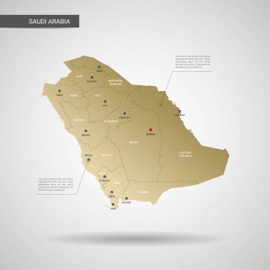 Stilize vektör Suudi Arabistan harita. Infographic 3d altın harita illüstrasyon şehirler, kenarlıklar, sermaye, yönetim birimleri ve işaretçi izleri, gölge ile; gradyan arka planı.