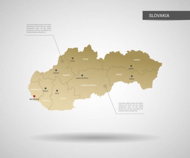 Stilize vektör Slovakya haritası. Infographic 3d altın harita illüstrasyon şehirler, kenarlıklar, sermaye, yönetim birimleri ve işaretçi izleri, gölge ile; gradyan arka planı.