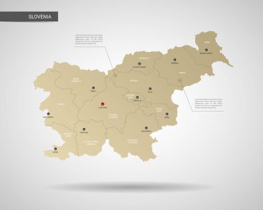 Stilize vektör Slovenya harita. Infographic 3d altın harita illüstrasyon şehirler, kenarlıklar, sermaye, yönetim birimleri ve işaretçi izleri, gölge ile; gradyan arka planı.