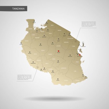 Stilize vektör Tanzanya Haritası. Infographic 3d altın harita illüstrasyon şehirler, kenarlıklar, sermaye, yönetim birimleri ve işaretçi izleri, gölge ile; gradyan arka planı.