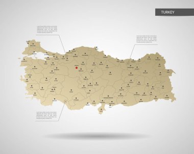 Stilize vektör Türkiye Haritası. Infographic 3d altın harita illüstrasyon şehirler, kenarlıklar, sermaye, yönetim birimleri ve işaretçi izleri, gölge ile; gradyan arka planı.