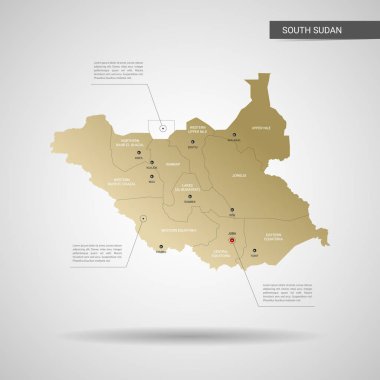 Stilize vektör Güney Sudan Haritası. Infographic 3d altın harita illüstrasyon şehirler, kenarlıklar, sermaye, yönetim birimleri ve işaretçi izleri, gölge ile; gradyan arka planı.