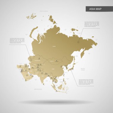 Stilize vektör Asya harita. Infographic 3d altın harita illüstrasyon şehirler, kenarlıklar, sermaye, yönetim birimleri ve işaretçi izleri, gölge ile; gradyan arka planı.