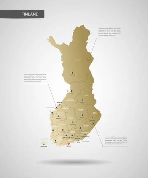 様式化されたベクトル フィンランド マップ インフォ グラフィック ゴールド マップ図都市 行政区画とポインター マーク グラデーションの背景 — ストックベクタ