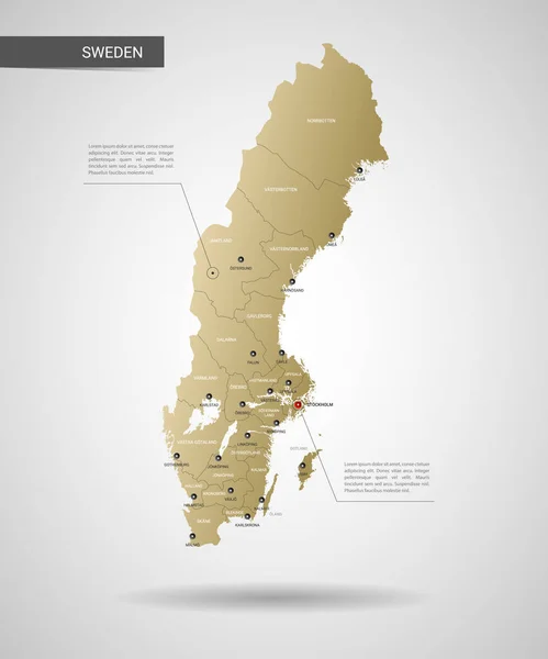 Vector Estilizado Suecia Mapa Infografía Mapa Oro Ilustración Con Ciudades — Vector de stock