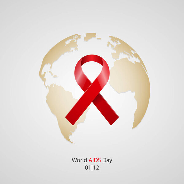 World Aids day concept. Realistic red ribbon on gold world globe background. Vector illustration.