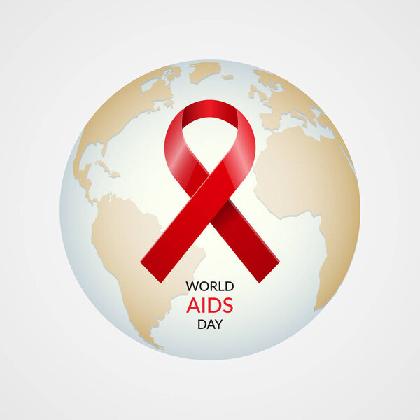 World Aids day concept. Realistic  red ribbon on world globe background. Vector illustration.