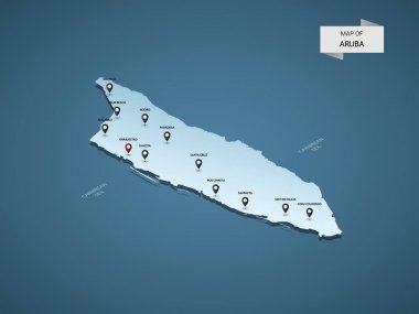 İzometrik 3d Aruba Haritası, şehirler, kenarlıklar, sermaye, yönetim birimleri ve işaretçi işaretleri ile vektör çizim; degrade mavi arka plan. Infographic için kavram.