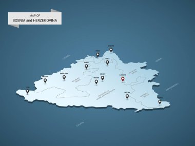 İzometrik 3d Bosna Hersek Harita, şehirler, kenarlıklar, sermaye, yönetim birimleri ve işaretçi işaretleri ile vektör çizim; degrade mavi arka plan. Infographic için kavram.
