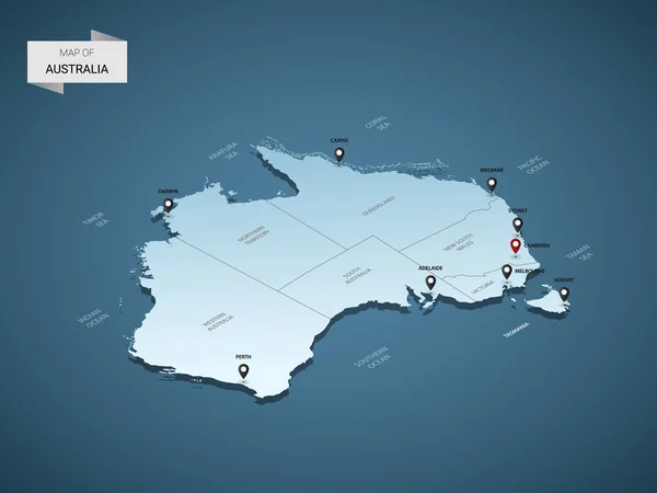 Isométrico Australia Mapa Mapa Vectorial Ilustración Con Ciudades Fronteras Capital — Vector de stock