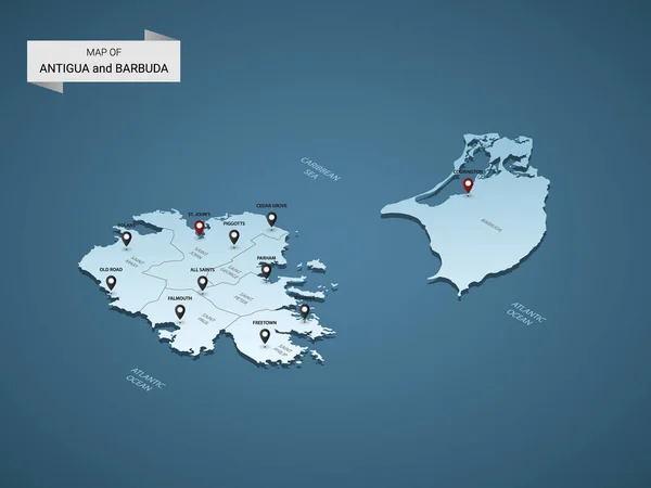 Carte Isométrique Antigua Barbuda Illustration Vectorielle Avec Villes Frontières Capitale — Image vectorielle