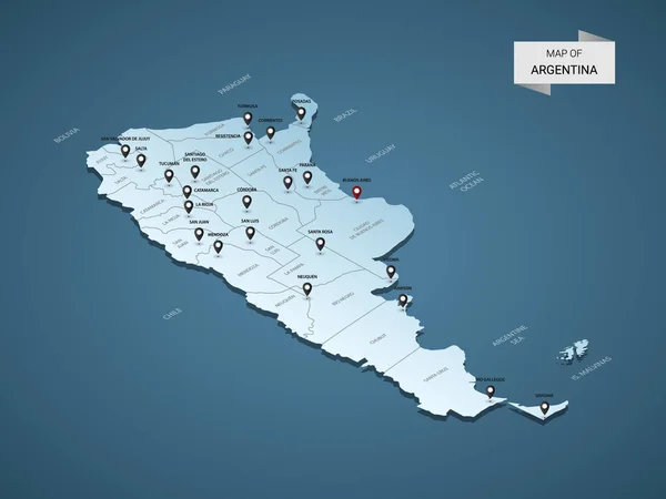 Isométrico Mapa Argentino Ilustración Vectorial Con Ciudades Fronteras Capital Divisiones — Archivo Imágenes Vectoriales