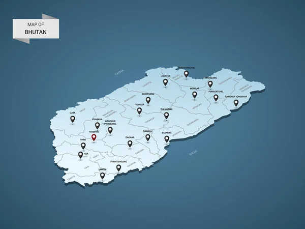 Isometrische Bhutan Karte Vektorillustration Mit Städten Grenzen Hauptstadt Verwaltungseinheiten Und — Stockvektor