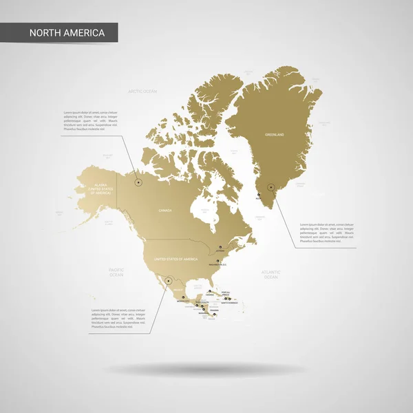 Mappa Stilizzata Del Vettore Nord America Infografica Oro Mappa Illustrazione — Vettoriale Stock