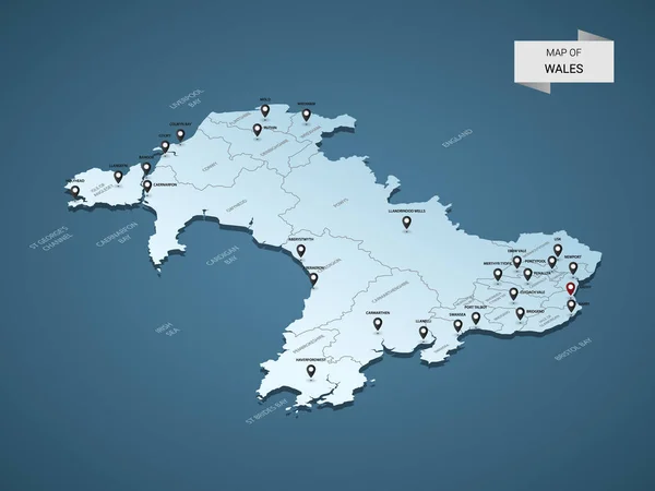 Mappa Isometrica Del Galles Illustrazione Vettoriale Con Città Confini Capitali — Vettoriale Stock