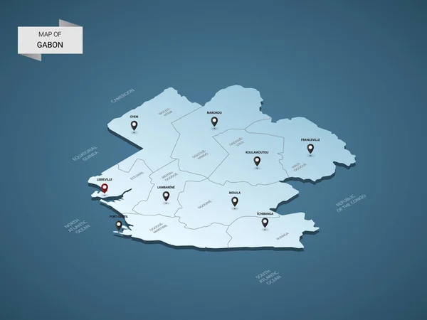 Isométrico Mapa Gabón Ilustración Vectorial Con Ciudades Fronteras Capital Divisiones — Archivo Imágenes Vectoriales