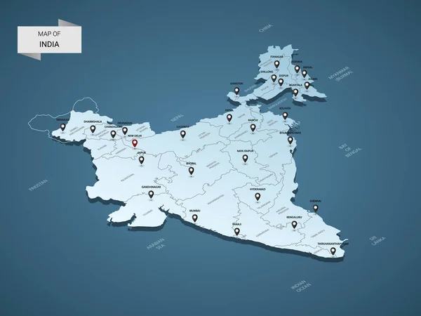 İzometrik 3d Hindistan harita, şehirler, kenarlıklar, sermaye, yönetim birimleri ve işaretçi işaretleri ile vektör çizim; degrade mavi arka plan. Infographic için kavram.