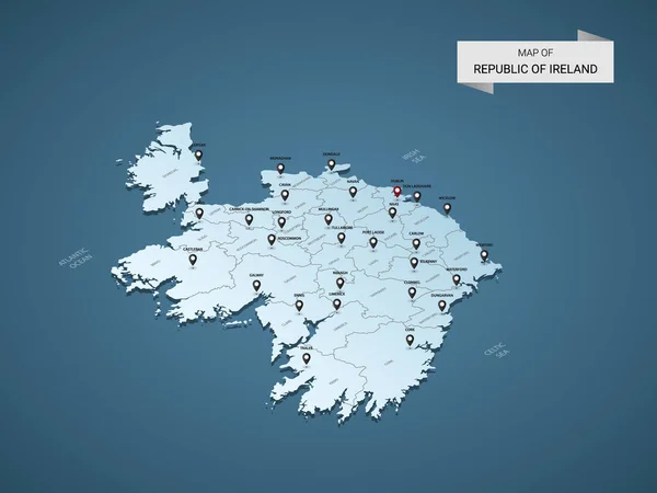 Isométrico República Irlanda Mapa Ilustración Vectorial Con Ciudades Fronteras Capital — Vector de stock