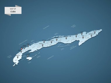 İzometrik 3d Küba harita, şehirler, kenarlıklar, sermaye, yönetim birimleri ve işaretçi işaretleri ile vektör çizim; degrade mavi arka plan. Infographic için kavram.
