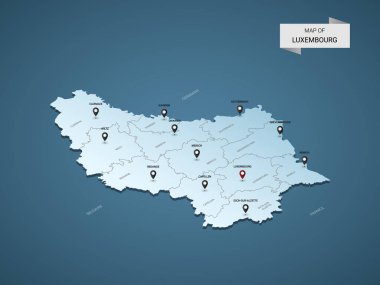 İzometrik 3d Lüksemburg göster, şehirler, kenarlıklar, sermaye, yönetim birimleri ve işaretçi işaretleri ile vektör çizim; degrade mavi arka plan. Infographic için kavram.
