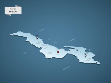 İzometrik 3d Malavi Haritası, şehirler, kenarlıklar, sermaye, yönetim birimleri ve işaretçi işaretleri ile vektör çizim; degrade mavi arka plan. Infographic için kavram.