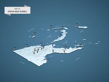 İzometrik 3d Papua Yeni Gine Haritası, şehirler, kenarlıklar, sermaye, yönetim birimleri ve işaretçi işaretleri ile vektör çizim; degrade mavi arka plan. Infographic için kavram.