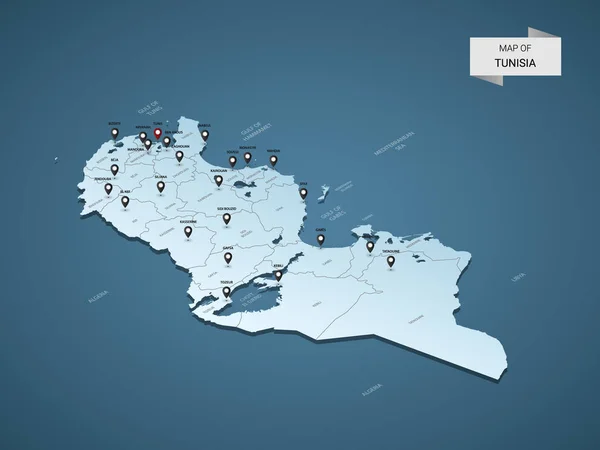 Mapa Isométrico Tunísia Ilustração Vetorial Com Cidades Fronteiras Capital Divisões —  Vetores de Stock
