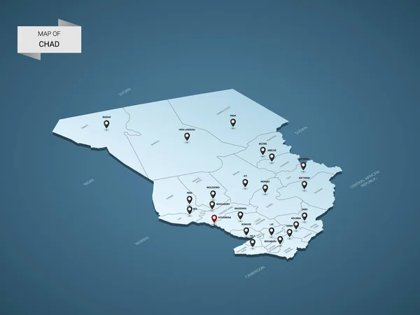 Carte Isométrique Tchad Illustration Vectorielle Avec Villes Frontières Capitale Divisions — Image vectorielle