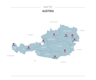Avusturya vektör harita. Bölgeler, şehirler, kırmızı iğne ve beyaz zemin üzerine mavi yüzey ile düzenlenebilir bir şablona. 