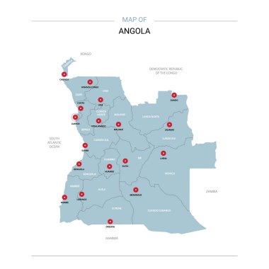 Angola vektör harita. Bölgeler, şehirler, kırmızı iğne ve beyaz zemin üzerine mavi yüzey ile düzenlenebilir bir şablona. 