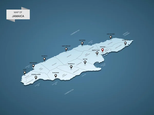 Isométrico Mapa Jamaica Ilustración Vectorial Con Ciudades Fronteras Capital Divisiones — Vector de stock