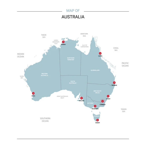 Australia Mapa Vectorial Plantilla Editable Con Regiones Ciudades Pines Rojos — Vector de stock