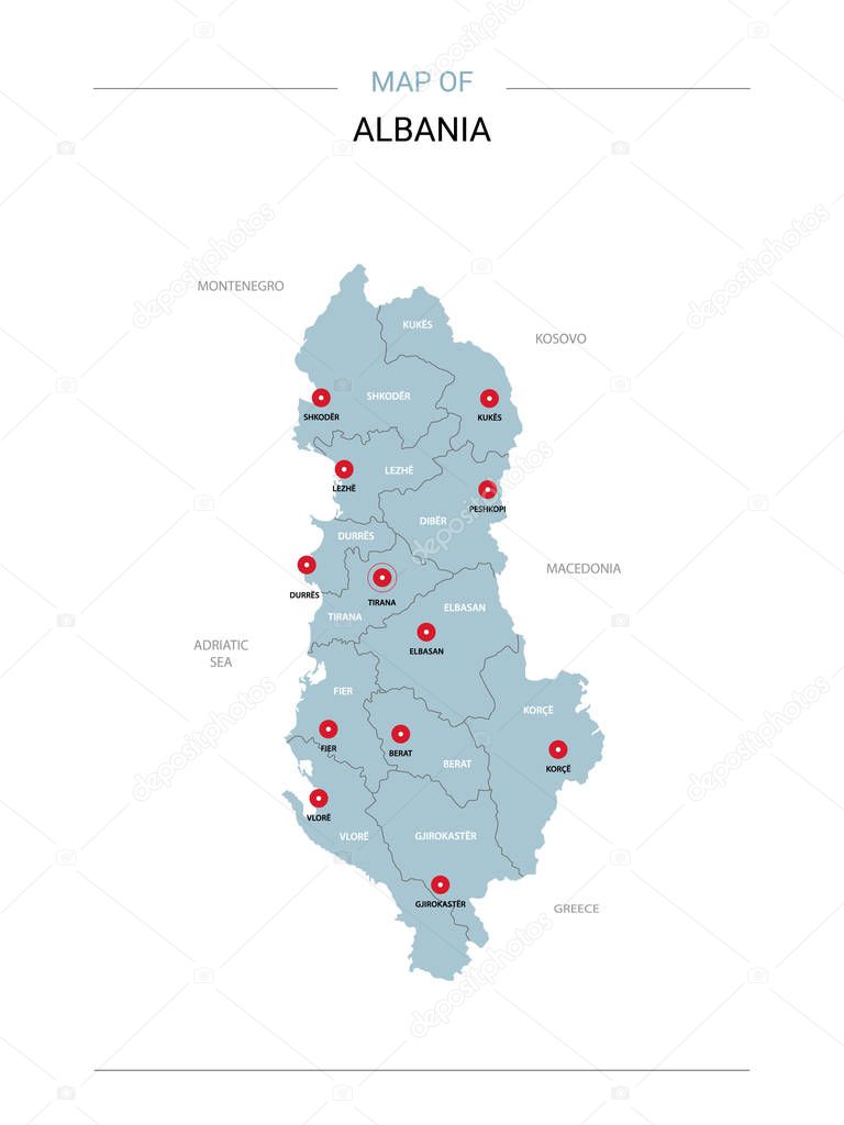 Albania vector map. Editable template with regions, cities, red pins and blue surface on white background. 