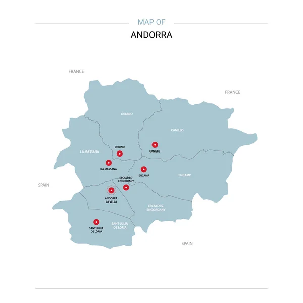 Andorra Mapa Vectorial Plantilla Editable Con Regiones Ciudades Pines Rojos — Vector de stock