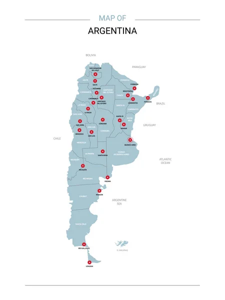 アルゼンチンのベクター マップ 赤ピンと白い背景の青い表面と編集可能なテンプレート — ストックベクタ