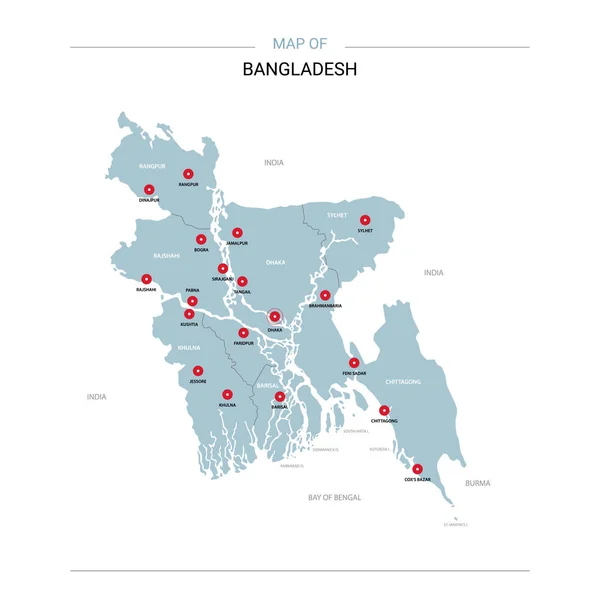 Carte Vectorielle Bangladesh Modèle Modifiable Avec Régions Villes Broches Rouges — Image vectorielle