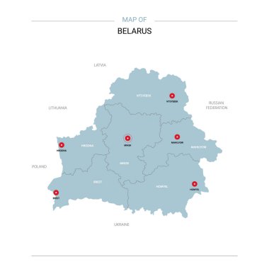 Beyaz Rusya vektör harita. Bölgeler, şehirler, kırmızı iğne ve beyaz zemin üzerine mavi yüzey ile düzenlenebilir bir şablona.