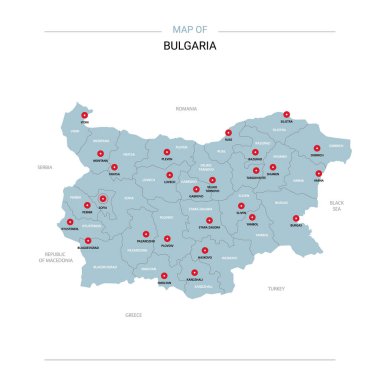 Bulgaristan vektör harita. Bölgeler, şehirler, kırmızı iğne ve beyaz zemin üzerine mavi yüzey ile düzenlenebilir bir şablona.