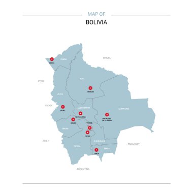 Bolivya vektör harita. Bölgeler, şehirler, kırmızı iğne ve beyaz zemin üzerine mavi yüzey ile düzenlenebilir bir şablona.