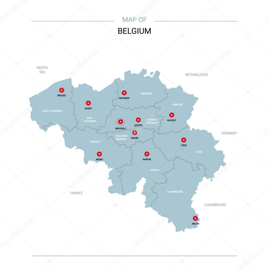 Belgium vector map. Editable template with regions, cities, red pins and blue surface on white background.