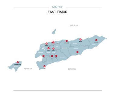 Doğu Timor vektör harita. Bölgeler, şehirler, kırmızı iğne ve beyaz zemin üzerine mavi yüzey ile düzenlenebilir bir şablona.