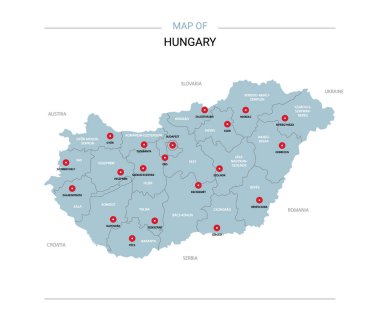 Macaristan vektör harita. Bölgeler, şehirler, kırmızı iğne ve beyaz zemin üzerine mavi yüzey ile düzenlenebilir bir şablona.