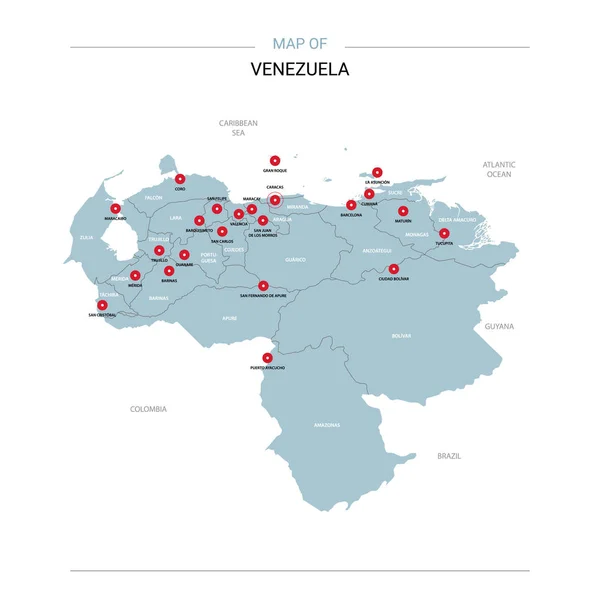 Векторная Карта Венесуэлы Стол Регионами Городами Красными Соснами Синей Поверхностью — стоковый вектор